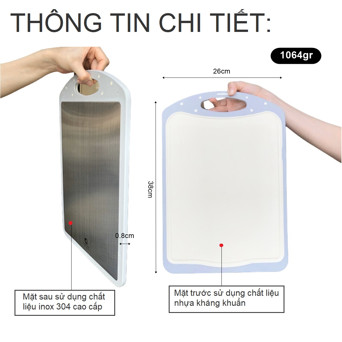 Thớt inox 304 và nhựa kháng khuẩn DandiHome cao cấp hai mặt