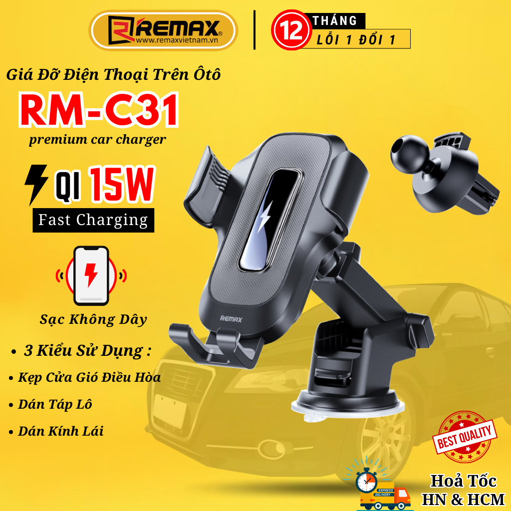 Giá đỡ điện thoại kiêm sạc không dây 15W Remax RM-C31 Hút - Kẹp đa năng chắc chắn - Hàng Chính Hãng Remax