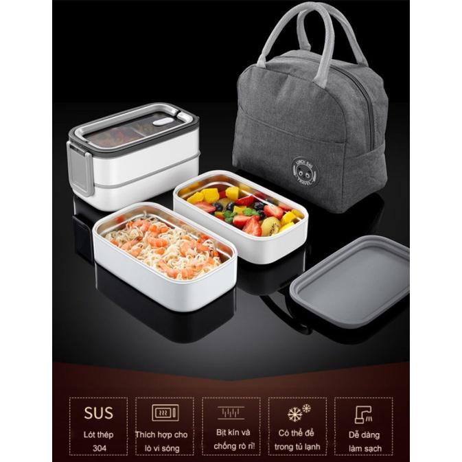 Hộp cơm 3 ngăn 2 tầng inox 304 SUS thép không gỉ