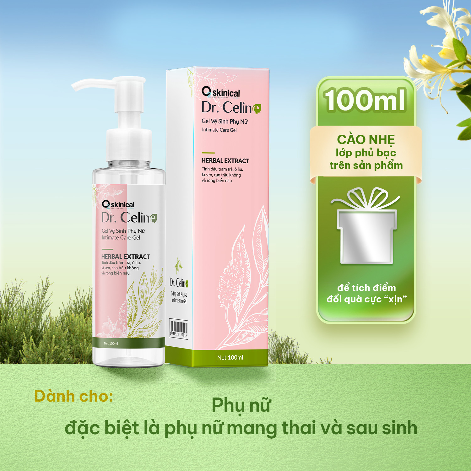 Gel vệ sinh phụ nữ O2 Skinical Dr celine Intimate Care 100ml Tràm trà, Ôliu, Lá sen, Rong biển nâu