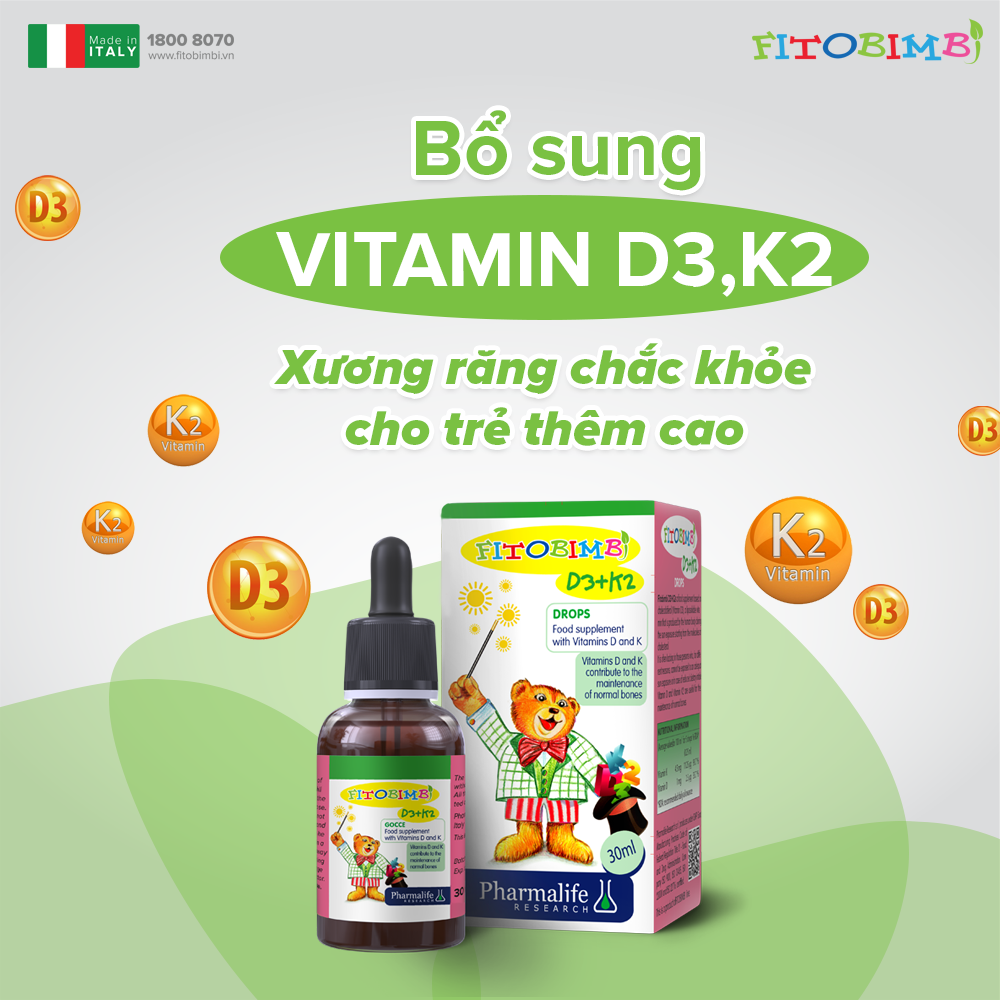 FITOBIMBI D3K2 - BỔ SUNG VITAMIN D3 VÀ K2 HỖ TRỢ CHUYỂN HÓA VÀ HẤP THU TỐI ĐA CANXI VÀO XƯƠNG RĂNG GIÚP GIẢM NGUY CƠ CÒI XƯƠNG Ở TRẺ