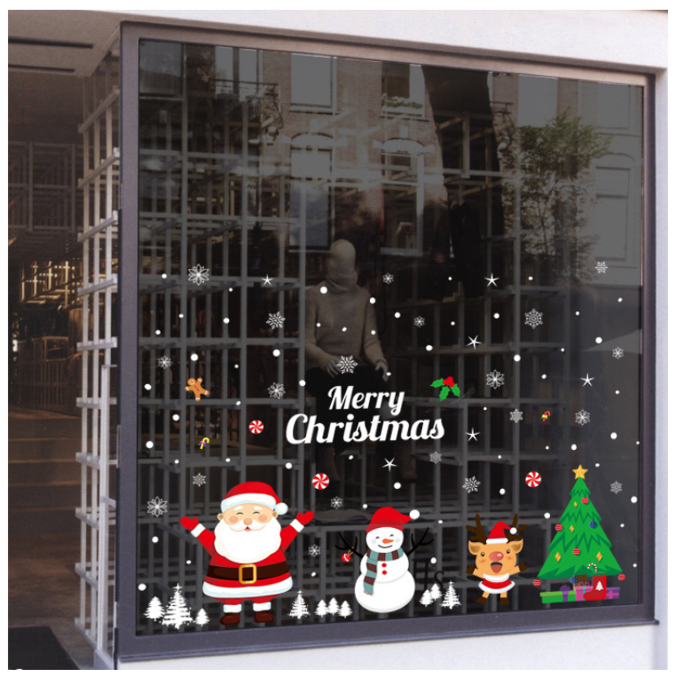 Decal Trang Trí Noel Hai Mặt Hít Tĩnh Điện Không Dơ Kính- NOEL và các bạn nô đùa cùng nhau thích thú tuyết trắng