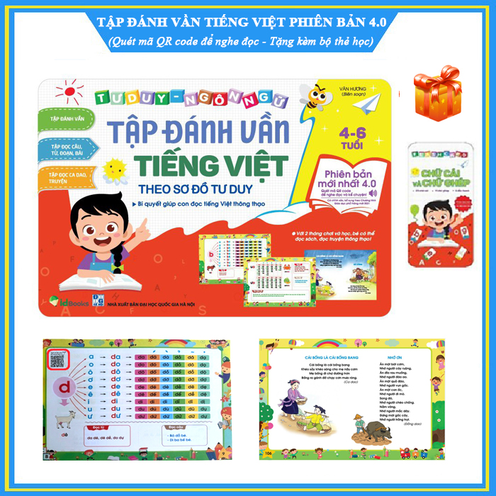 Tập đánh vần tiếng Việt theo sơ đồ tư duy phiên bản mới nhất 4.0 - Quét mã QR code nghe đọc và kể chuyện (Tặng kèm bộ thẻ học 42 thẻ chữ cái và chữ ghép)