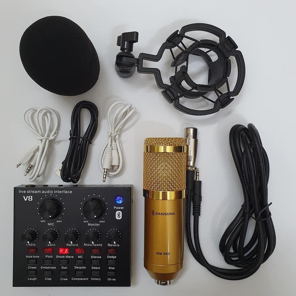 Sound card V8 bluetooth mic bm900 livestream thu âm tặng tai nghe