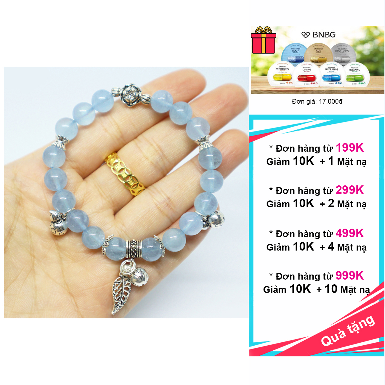 Vòng đá Aquamarine 8mm 5A charm bạc 925 cao cấp