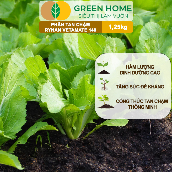Phân Tan Chậm GreenHome Rynan Vetamate 140 NPK 27-08-08+TE (1% Humic), Hũ 1,25 kg, Chuyên Rau Ăn Lá