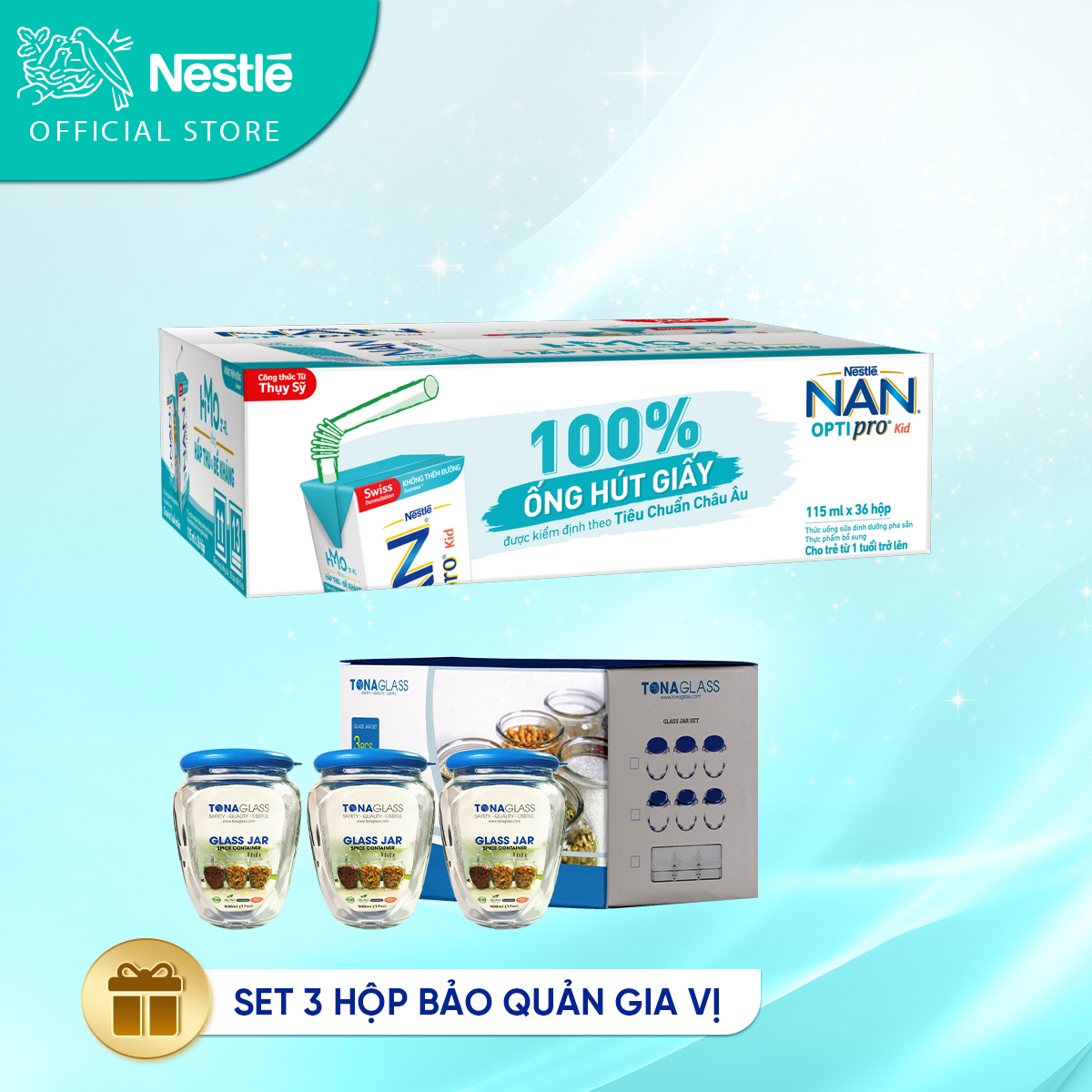 Thùng Sữa Dinh Dưỡng Pha Sẵn NESTLE NAN OPTIPRO Kid -Thùng 36 Hộp,115ml - Tặng Bộ 3 hũ thủy tinh