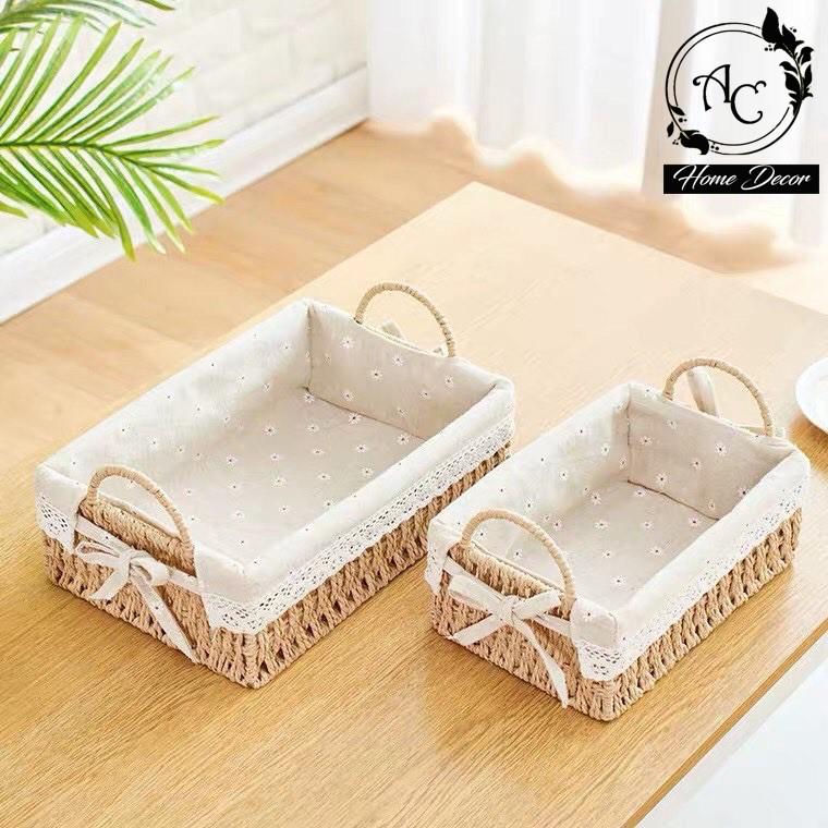 GIỎ MÂY, GIỎ CÓI LÓT VẢI VINTAGE CÓ QUAI XÁCH - MÀU BE, GIỎ ĐỰNG ĐỒ NHỎ GỌN, GIỎ DECOR TRANG TRÍ NHÀ CỬA