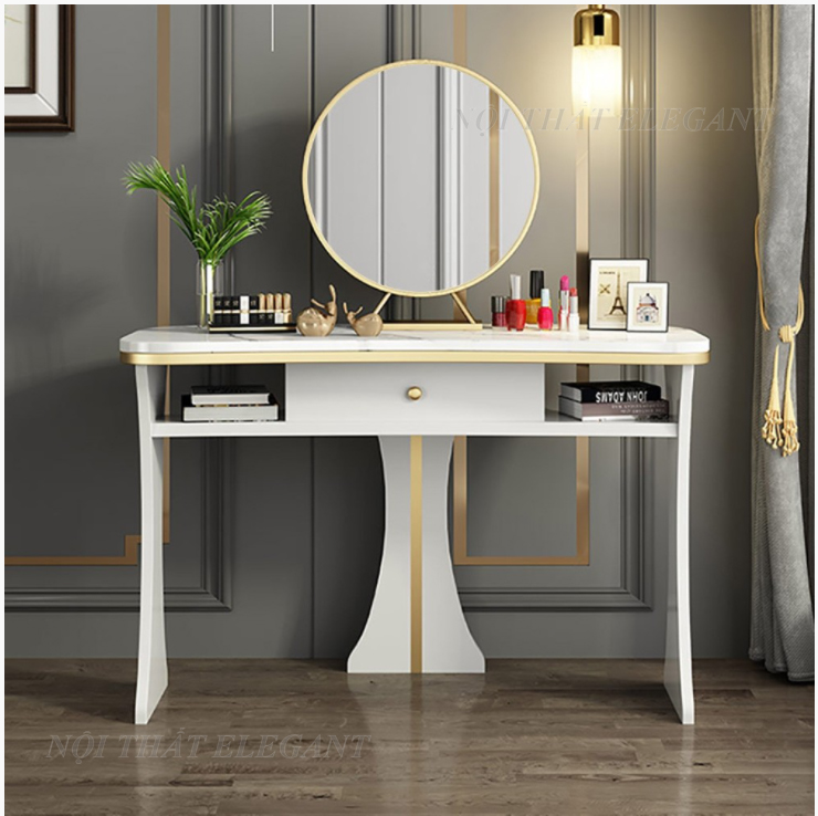 Bộ bàn trang điểm cao cấp Vanity White Faux Top, sang trọng, mặt đá Ceramic, với gương lớn – EL-TD16