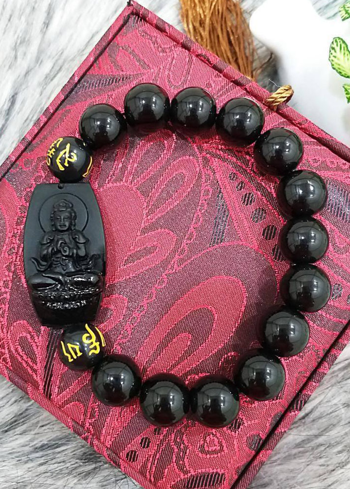 Vòng tay đá phong thủy khắc mặt bản mệnh ngài Như Lai Đại Nhật đá 10 ly cho người tuổi Ngọ Bạc QTJ - VTBM03