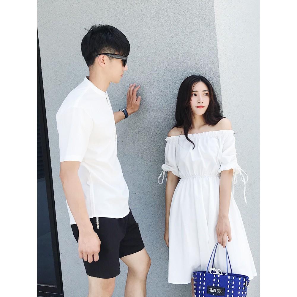 Áo đôi Áo cặp FREESHIP áo đôi váy sơ mi đôi chụp cưới, du lịch màu trắng và hồng - AV03