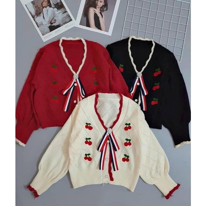 Áo Khoác Cardigan Nữ Dáng Ngắn Len Đan Thêu Cherry (ẢNH THẬT+VIDEO)