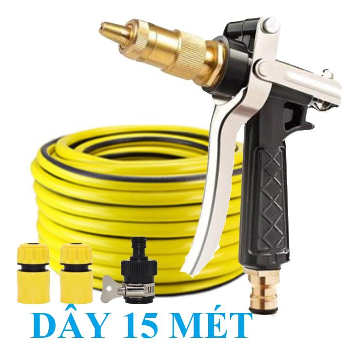 Bộ dây vòi xịt nước rửa xe, tưới cây . tăng áp 3 lần, loại 15m 206236 đầu đồng,cút,nối đen+ tặng đai