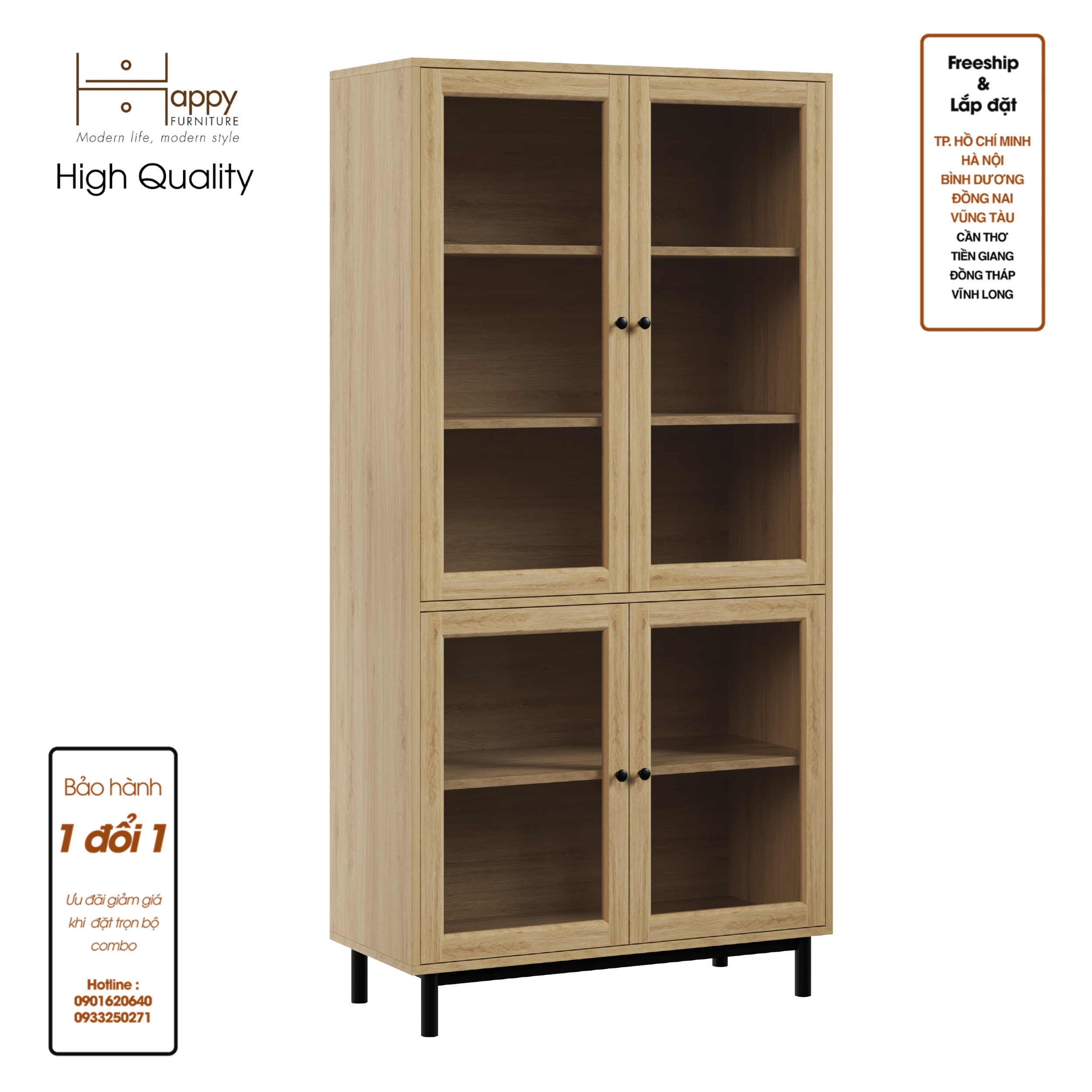 CATY , Kệ sách 5 tầng cửa kính - chân sắt , 90cm x 39cm x 180cm , KSA_020
