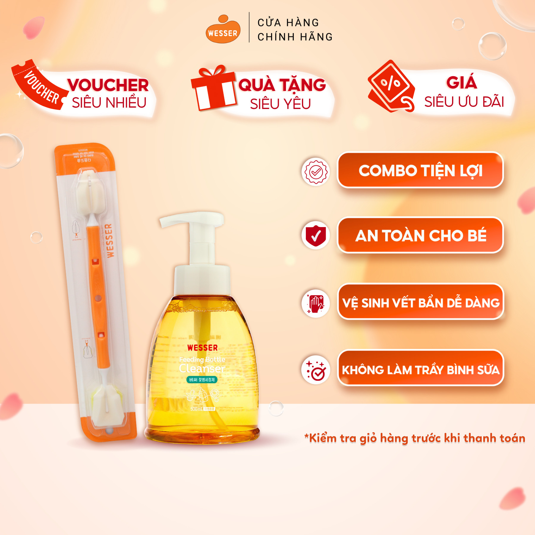 Combo nước rửa bình sữa + Dụng cụ vệ sinh bình sữa đa năng Wesser