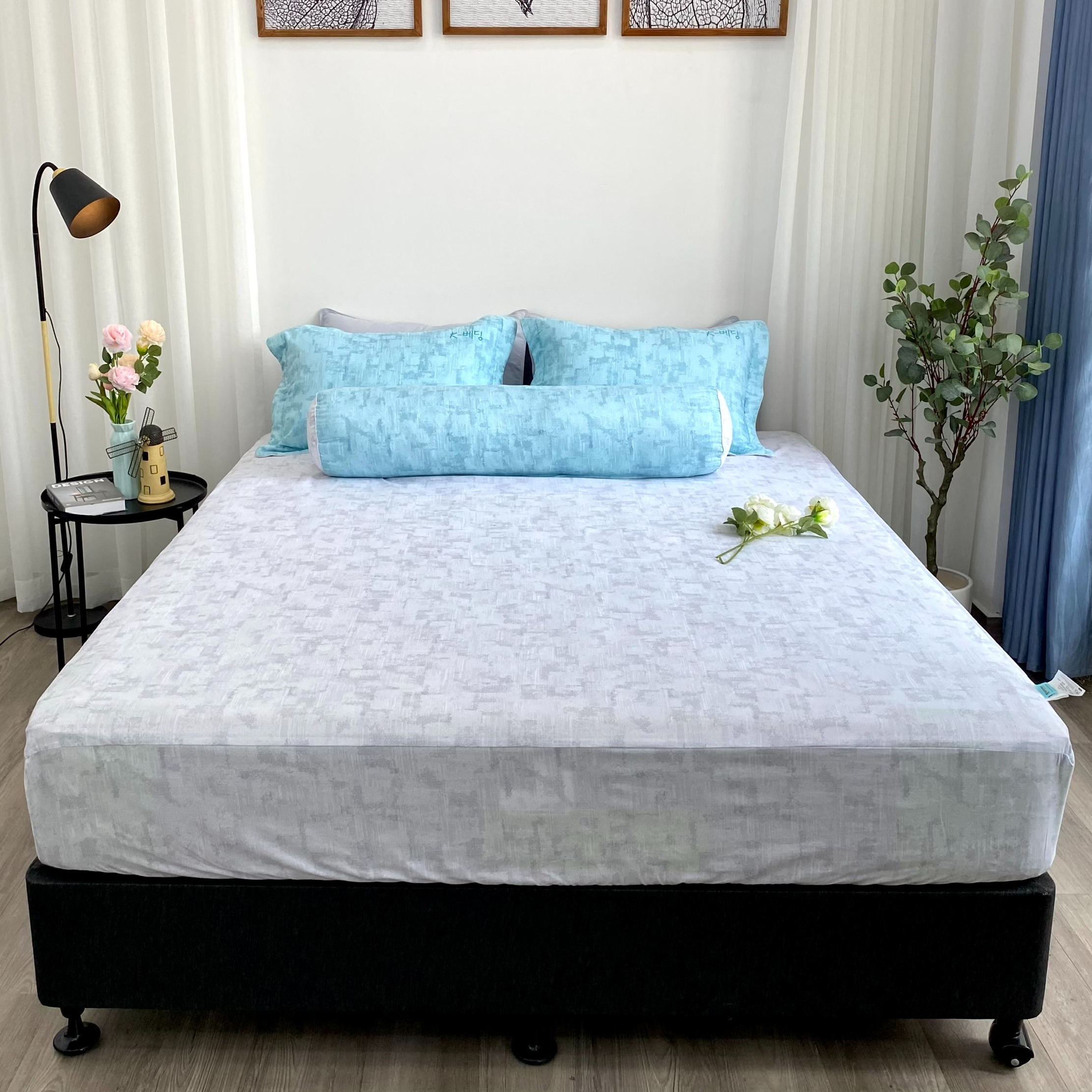 Bộ ga giường  KBedding by Everon KMTP 114 Microtencel Xám phối xanh (4 món)