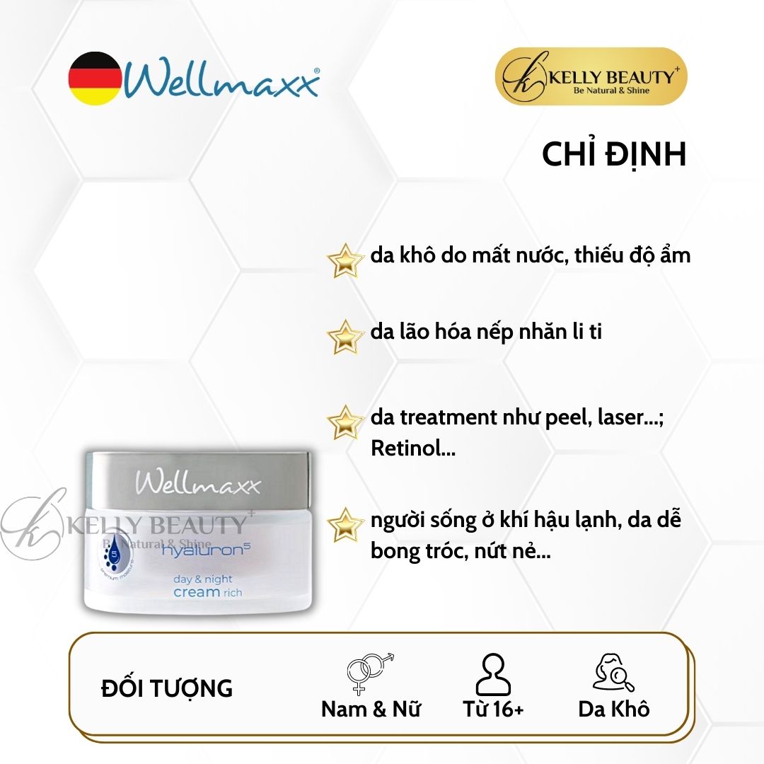 Kem Dưỡng Ẩm WELLMAXX Hyaluron5 Day and Night Cream Rich - Cấp Ẩm Sâu, Da Căng Mịn, Đàn Hồi; Mờ Nếp Nhăn - Kelly Beauty