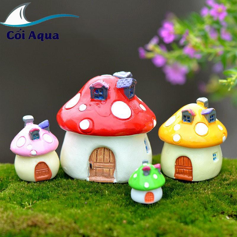 Tiểu cảnh ️ Mô hình ngôi nhà nấm nhiều màu sắc có ống khói trang trí sen đá, sân vườn, bể cá, bể terrarium
