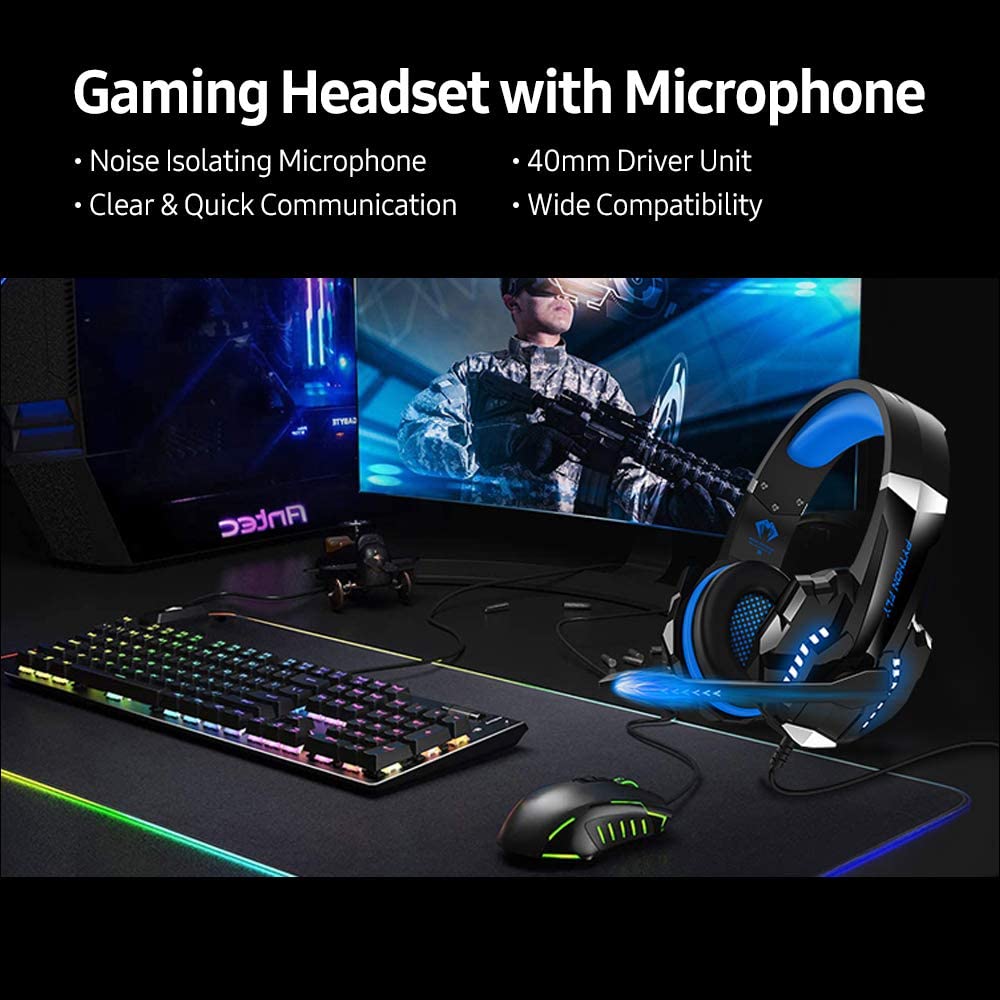 Tai nghe gaming chụp tai PYTHON FLY chống ồn âm thanh stereo cho PS4, PC, Xbox One, PS5, kèm mic đàm thoại, đèn LED, âm bass, vành chụp tai mút mềm cho Laptop Mac-Xanh-Hàng chính hãng