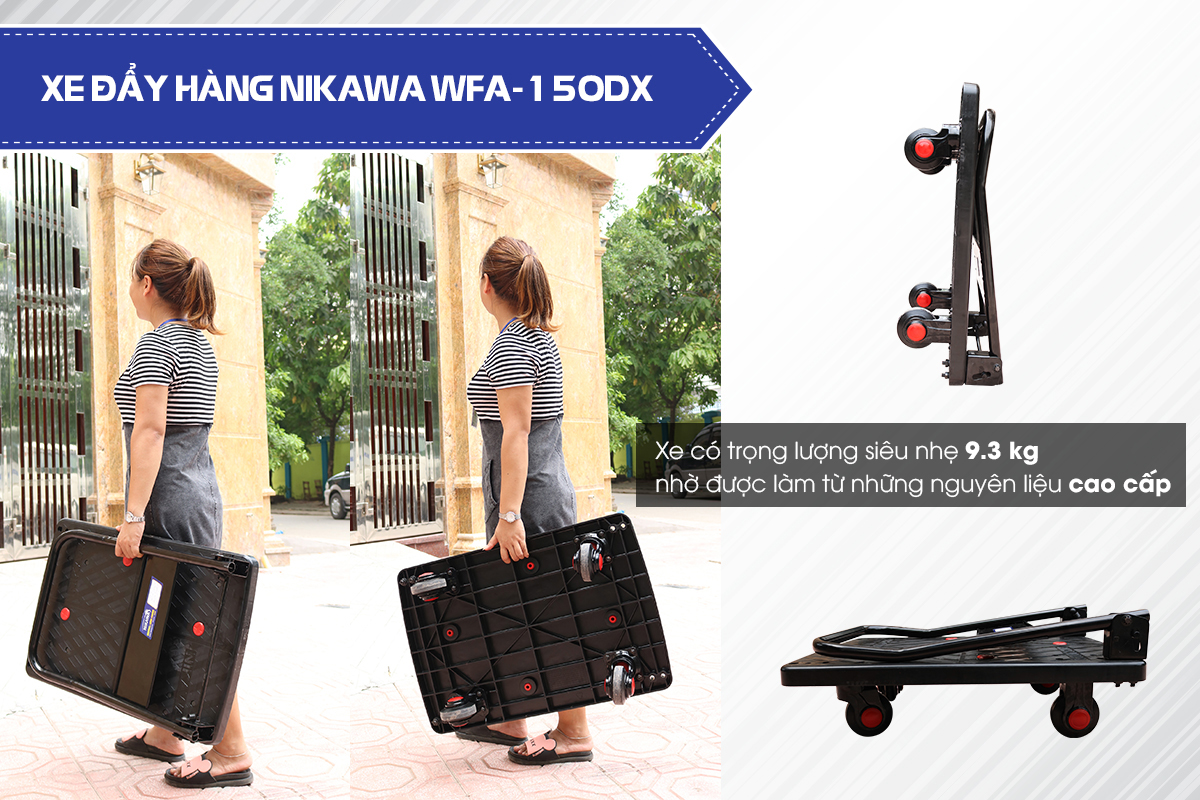 Xe Đẩy Hàng 4 Bánh Sàn Nhựa Không Võng Gấp Gọn Nikawa WFA-150DX Chống Ồn, tải trọng 150kg