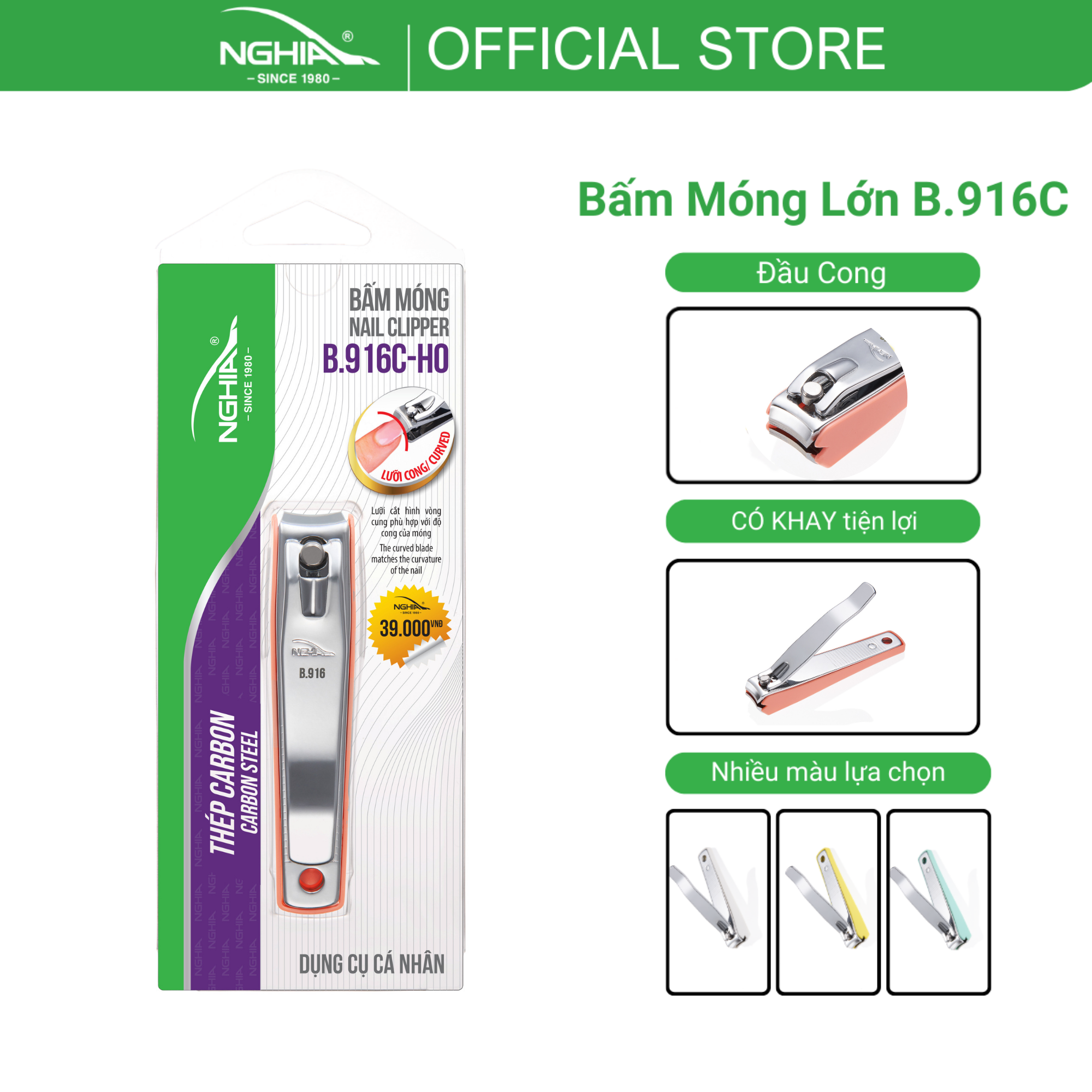 Bấm Móng Tay Thép Carbon Chuyên Dụng Kềm Nghĩa B.916C - Lưỡi Cong Loại Lớn - Hồng