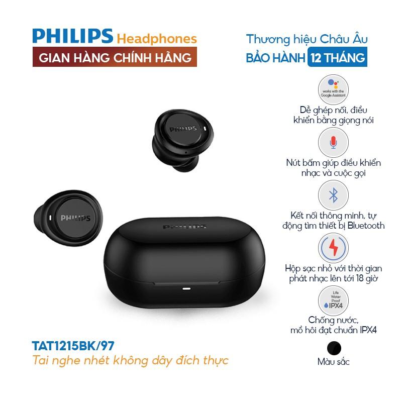 Tai nghe Philips Bluetooth Có Bass TAT1215BK/00- Màu đen - Hàng nhập khẩu