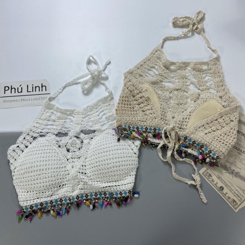 MS611 Áo yếm kiểu đan móc đính hạt tua rua đi biển mix quần jeans