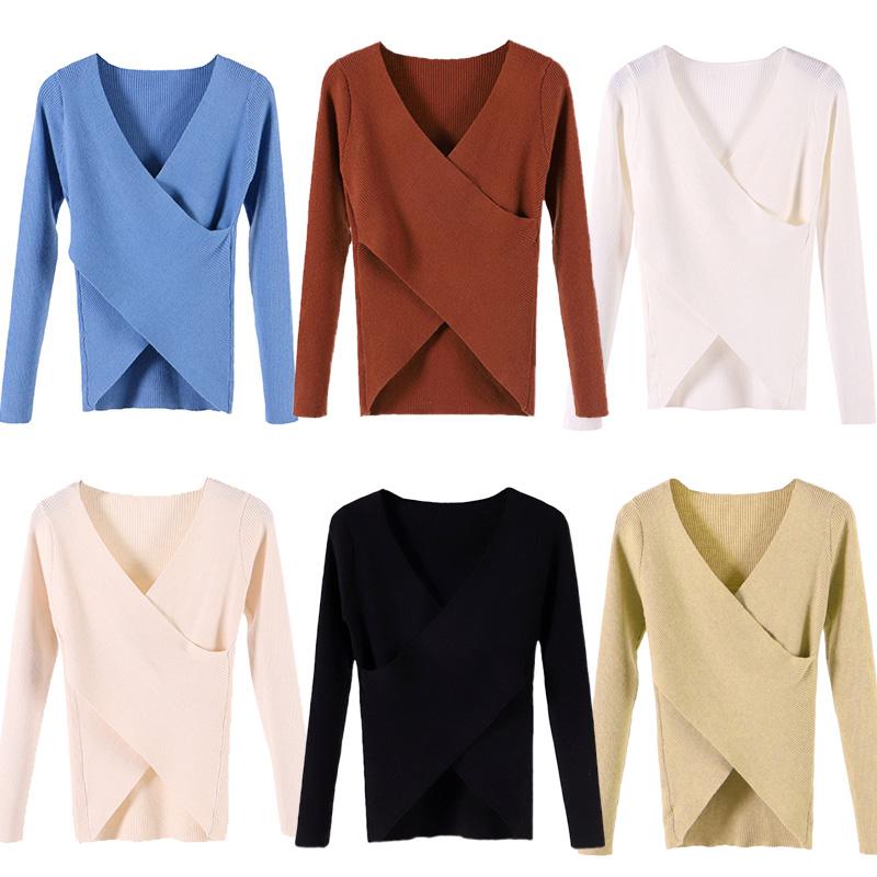 Women Knitted Sweater Solid V-neck Long Sleeves Autumn Winter Cross Knitting Basic Tunic Tops Blouse