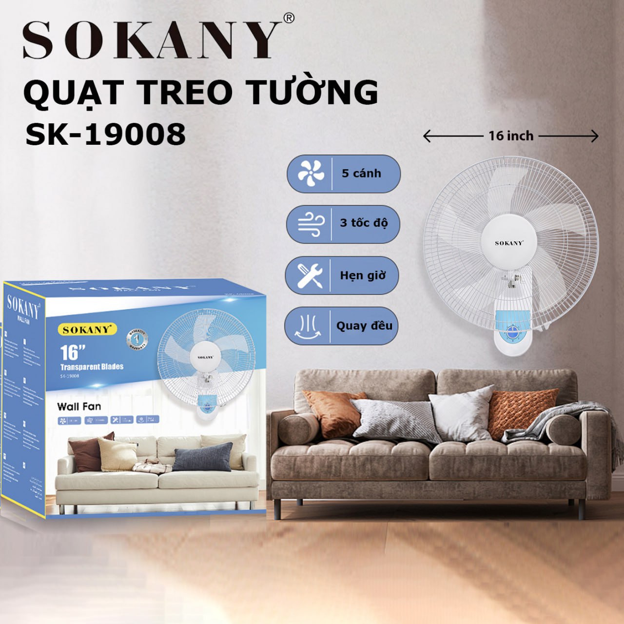 Quạt treo tường 5 cánh có hẹn giờ SOAKNY SK-19008, động cơ hoạt động bền bỉ siêu bền - HÀNG CHÍNH HÃNG