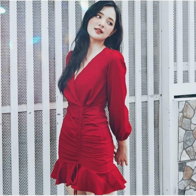 Đầm váy đi tiệc tay dài rút dây 2 màu
