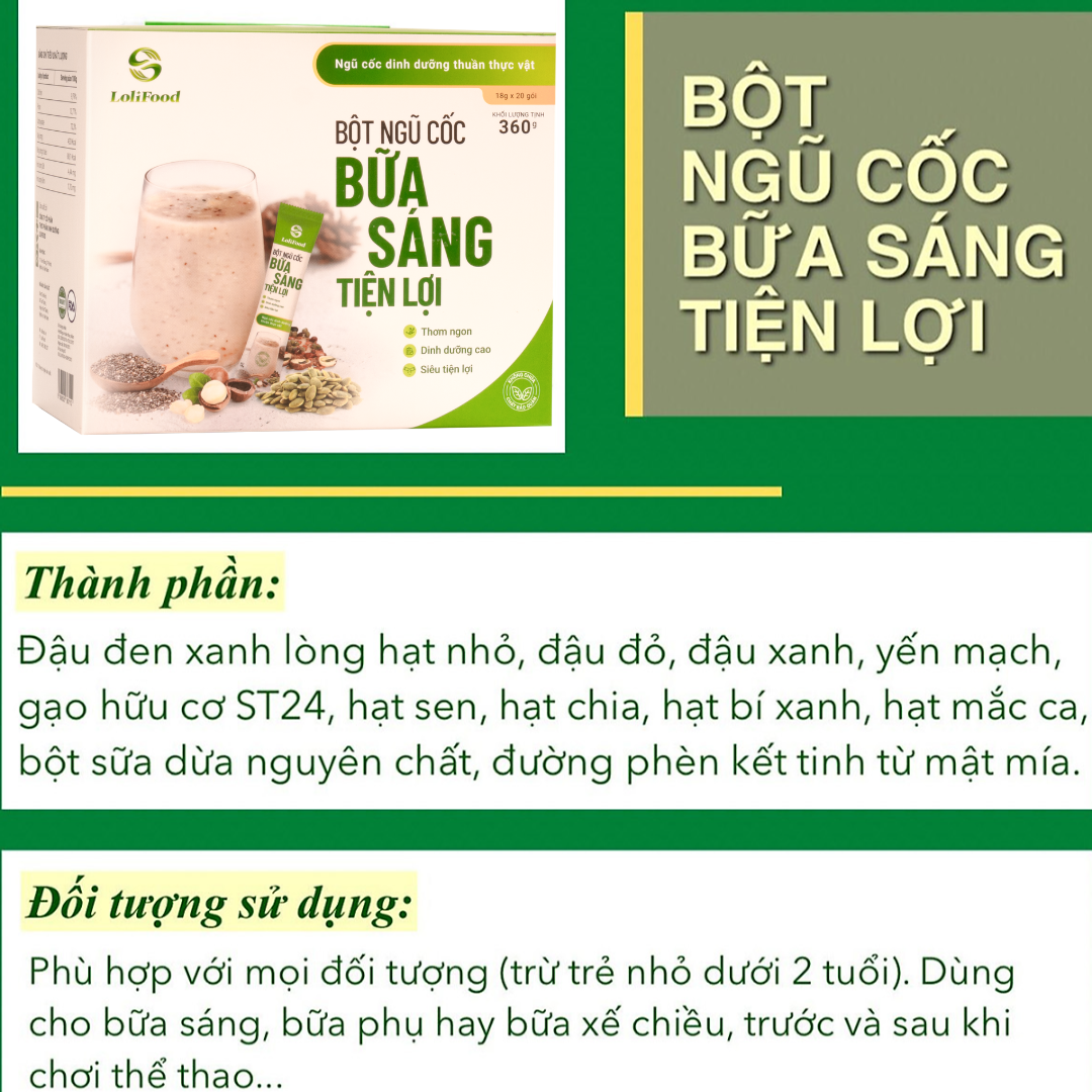 Bột Ngũ Cốc Bữa Sáng Tiện Lợi Lolifood - Bột Ngũ Cốc Dinh Dưỡng 100% Tự Nhiên; Thay Thế Bữa Ăn Sáng, Bổ Sung Vào Bữa Phụ (Hộp 20 gói*18gr)