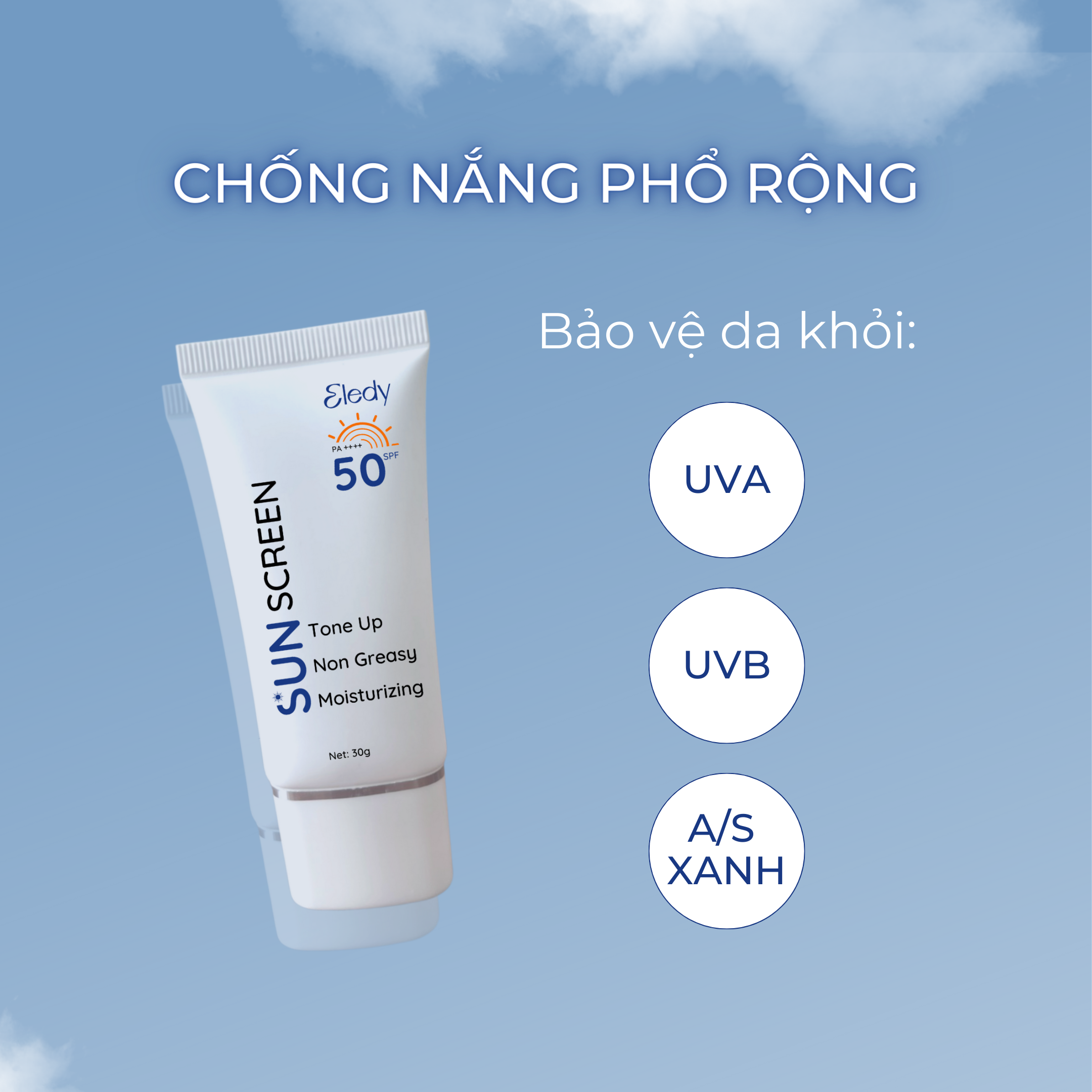 ELEDY Sunscreen - Kem chống nắng Eledy 30g tone up, non greasy, moisturizing, chống nắng phổ rộng nâng tông