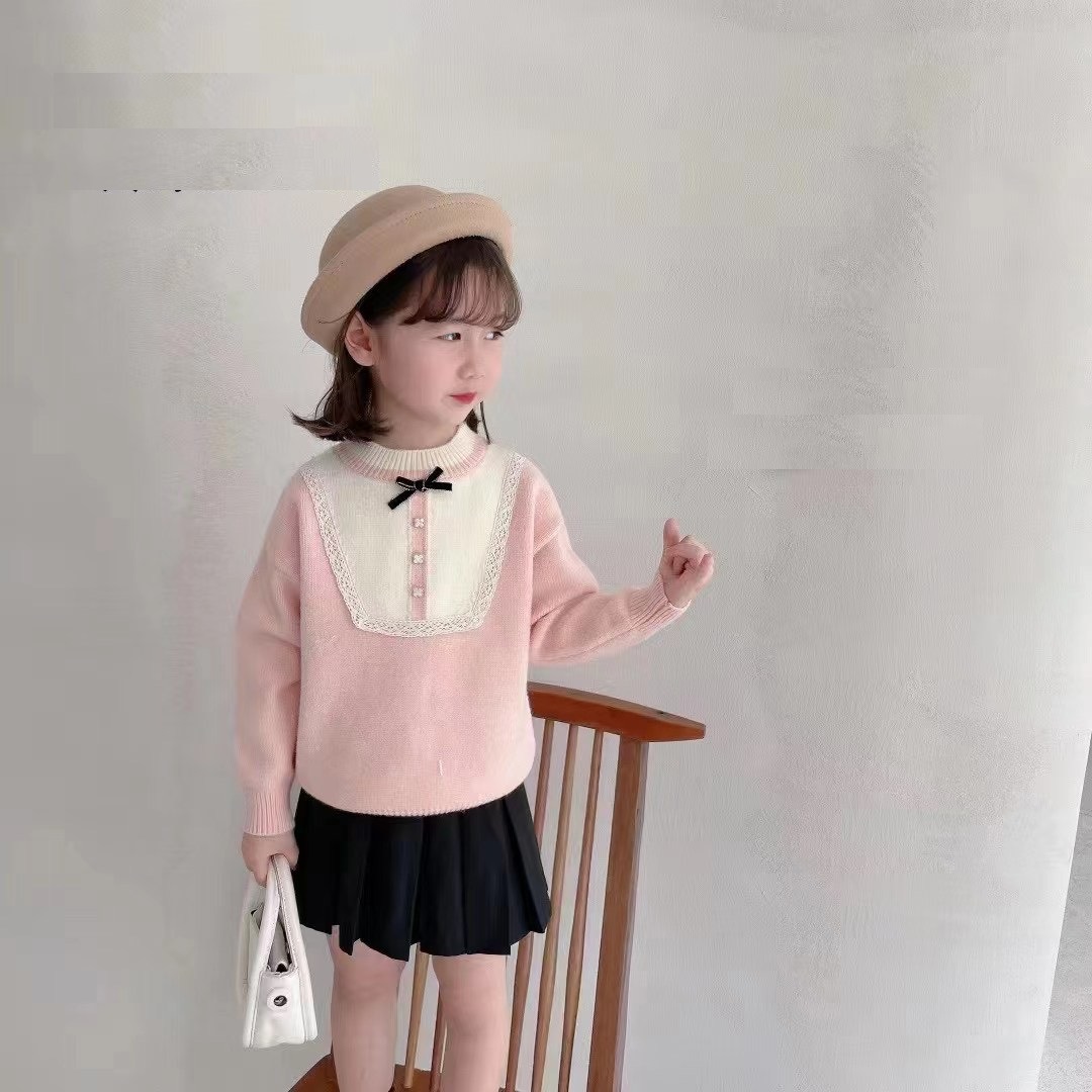 Áo len cho bé gái diềm cổ, Áo len tiểu thư trẻ em 4-10 tuổi phong cách Hàn Quốc đanh sợi không bai xù