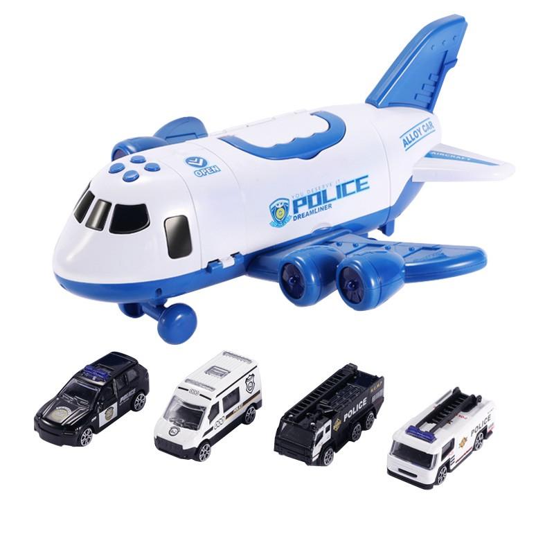 Bộ đồ chơi máy bay chứa các bộ xe cảnh sát_công trình_cứu hỏa bằng hợp kim và cho bé