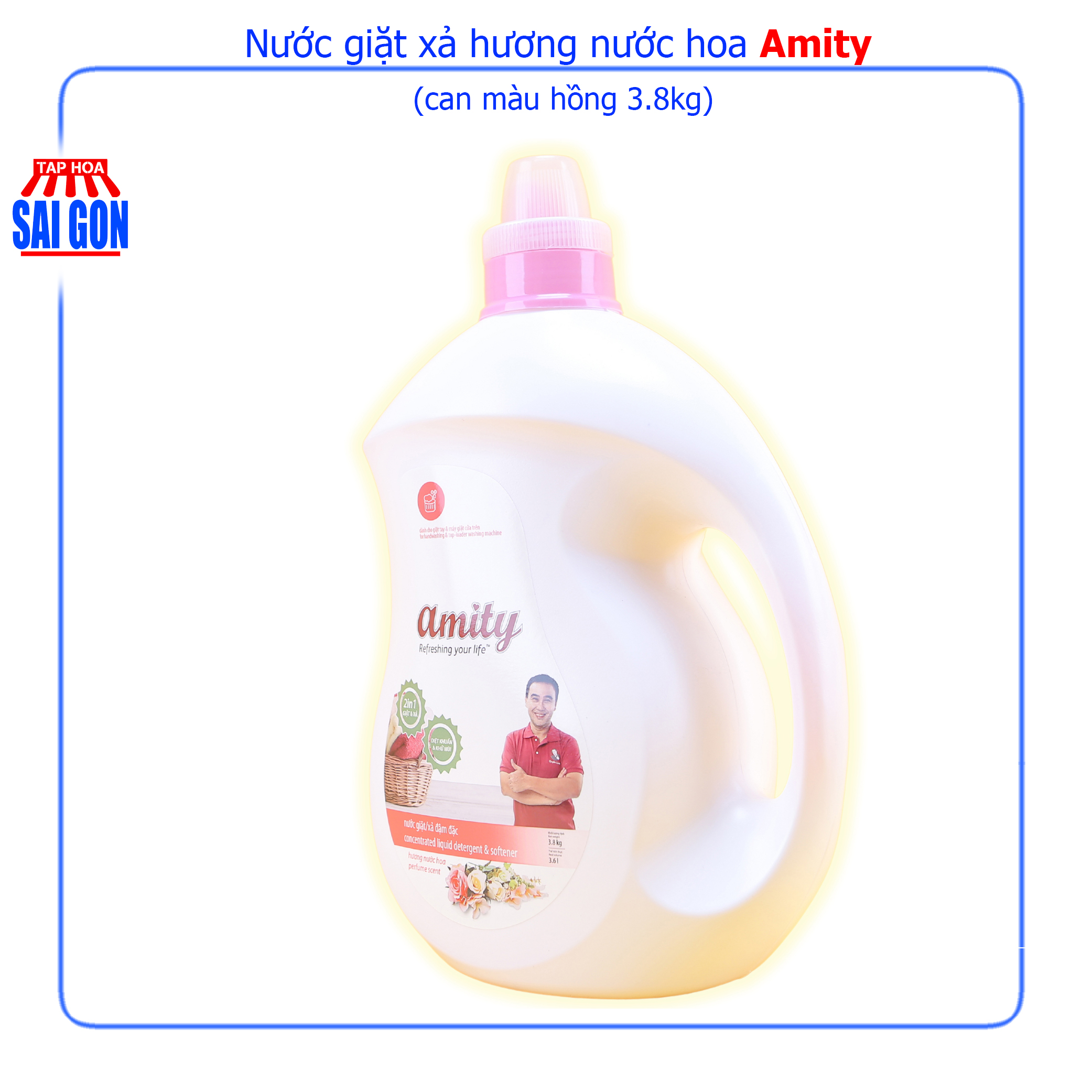 Nước Giặt Xả Amity hương nước hoa can 3.8kg kết hợp 2 tính năng vượt trội cho các nội trợ gia đình