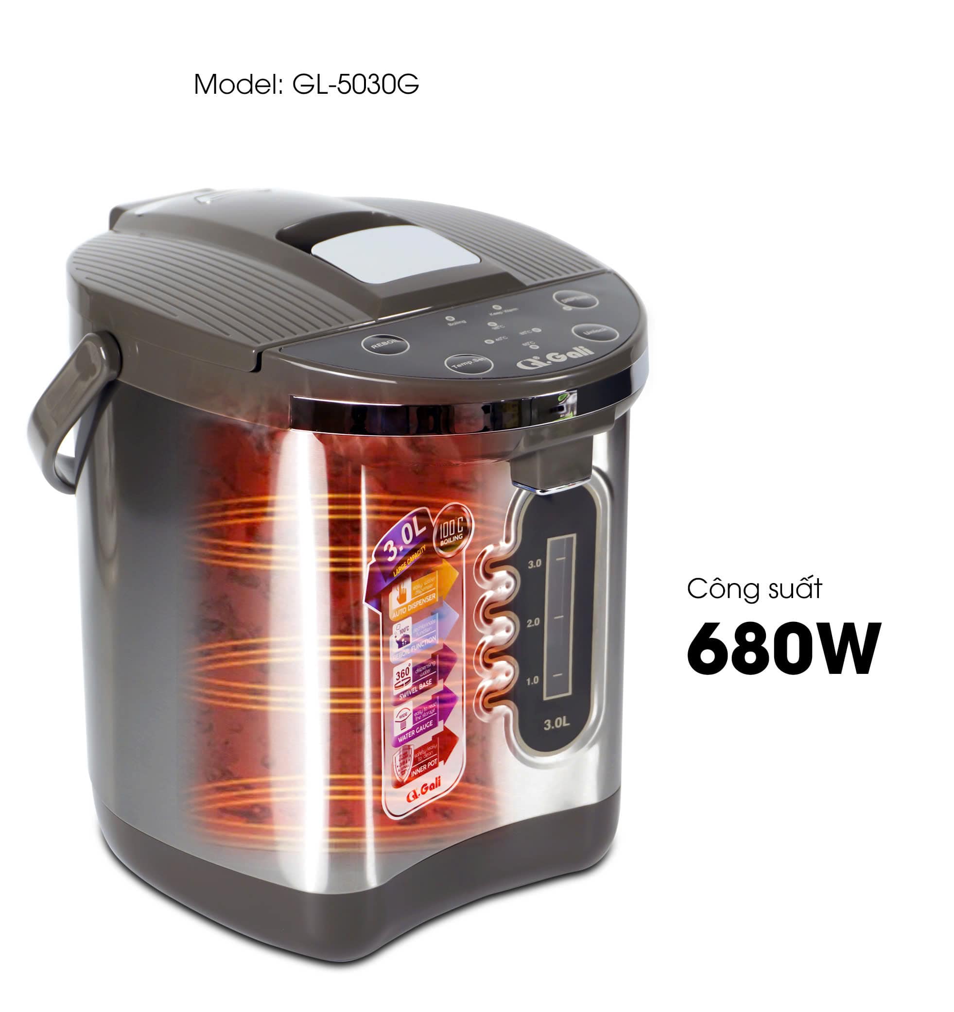 Bình Thuỷ Điện Gali GL-5030G Dung tích 3L nhỏ gọn, Thân bằng nhựa nguyên sinh cao cấp, lòng trong bằng Inox 304 dày chất lượng. Hàng chính hãng chất lượng cao bảo hành 24 tháng.