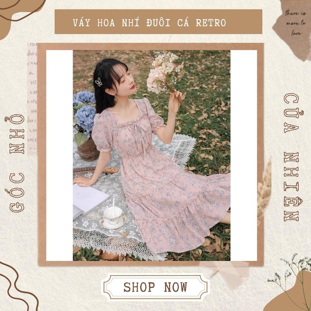 Váy Hoa Nhí Vintage Cổ Vuông Chun Eo 3 Tầng