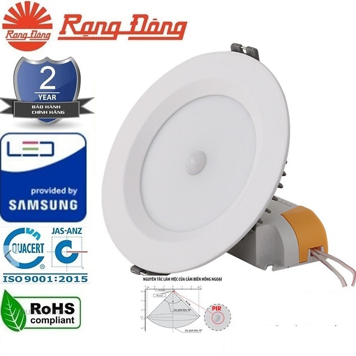 Đèn LED âm trần cảm biến Rạng Đông 7W, vỏ nhôm đúc, khoét lỗ 90mm