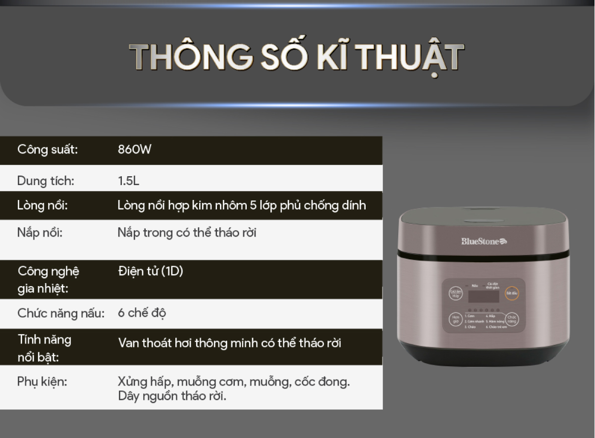 Nồi Cơm Điện Tử BlueStone RCB-5946 - Dung Tích 1,5 lít  - Công suất 860W - Lòng nồi phủ chống dính cao cấp an toàn sức khỏe - 6 chế độ cài đặt sẵn - Bảo hành 2 năm - Hàng chính hãng