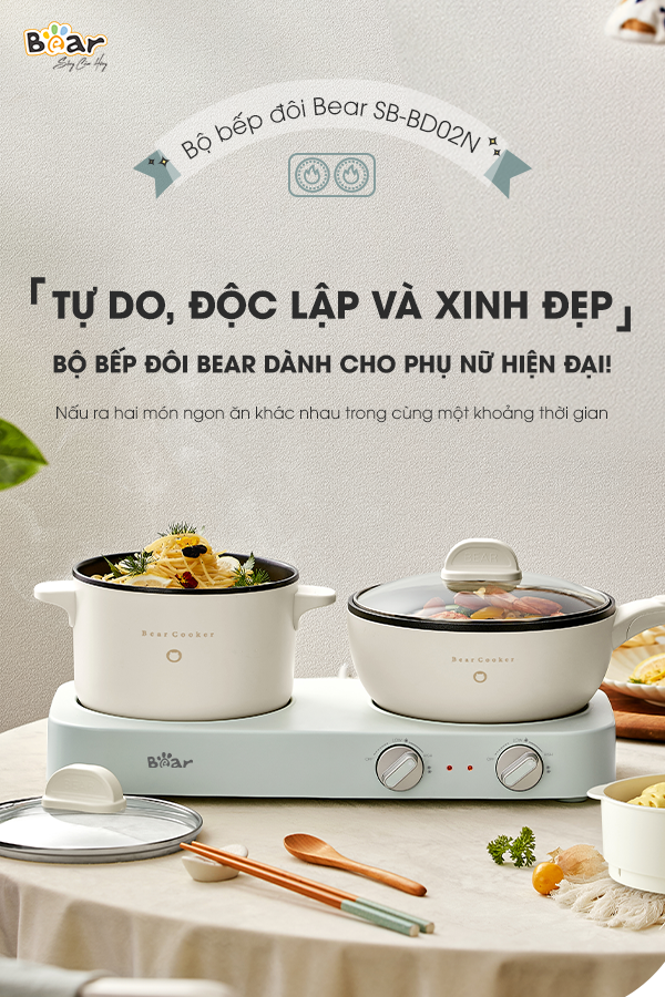 Bộ Bếp Điện Đôi Bear Kèm Nồi Chảo Đa Năng Hấp Luộc Chiên Tiện Lợi Tiết Kiệm Chi Phí Dễ Vệ Sinh SB-BD02N - HÀNG CHÍNH HÃNG