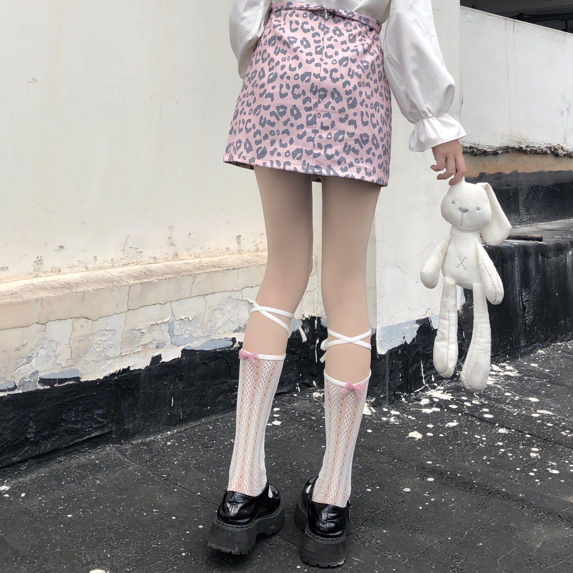 Tất/vớ ren lưới buộc dây cao đến bắp chân, phong cách Lolita Nhật Bản cá tính và gợi cảm, mặt sau đính nơ Voan Nữ