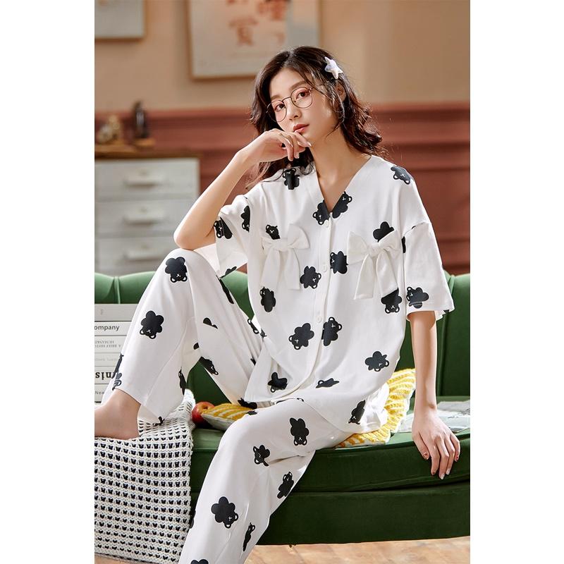 Đồ bộ pijama cộc tay cotton 100% thoáng mát, tông trắng/đen cá tính