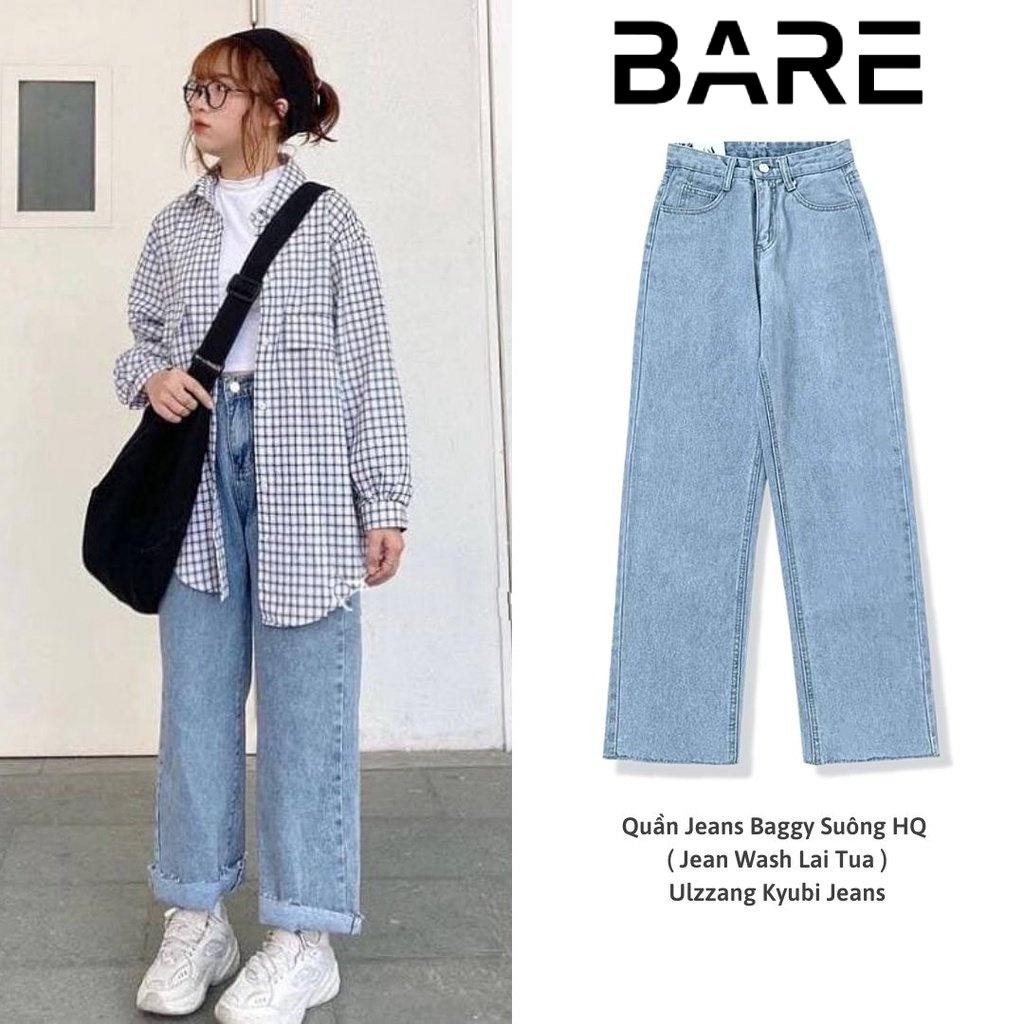 Quần jean baggy nữ trơn BARE Basic cạp cao phong cách ulzzang phối với cả tủ đồ - QO027