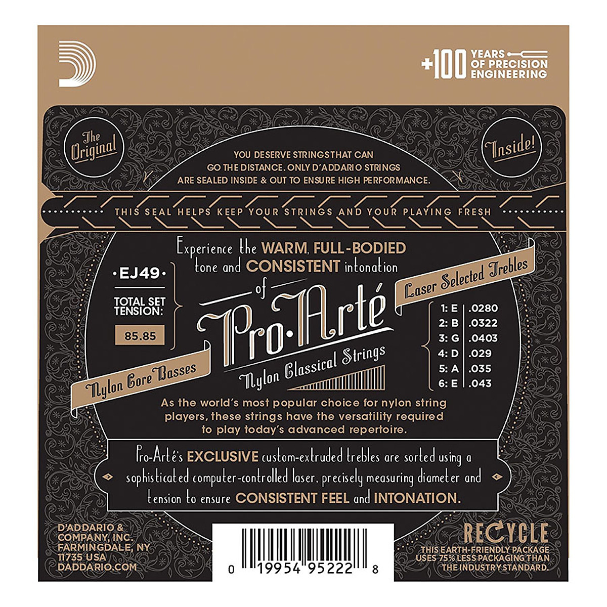 Bộ dây đàn Guitar Classic/ Classical Guitar String Set - D'Addario EJ49 - Pro-Arte Nylon Core, Normal Tension, Silverplated Wound, Black Nylon - Hàng chính hãng