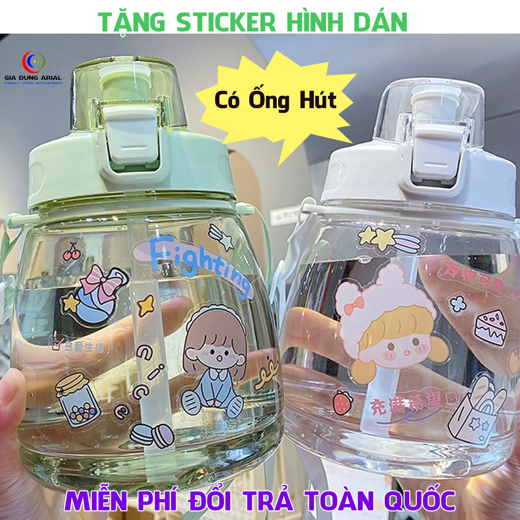 Bình Nước Cute Dung Tích 1200ml Chai Đựng Nước Có Dây Đeo Và Ống Hút Tiện Lợi