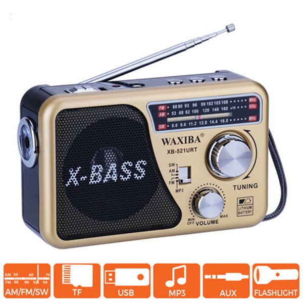 Đài Radio FM WAXIBA XB 521URT- có hỗ trợ thẻ nhớ và USB-đèn pin Siêu sáng-BH 6 Tháng Hàng Chính Hãng