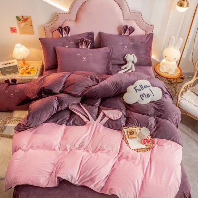 Bộ Chăn Ga Gối Nỉ Nhung Tai Thỏ Cao Cấp