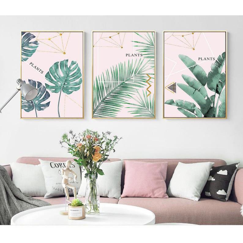 TRANH TREO TƯỜNG PHÒNG NGỦ - TIỆM TRANH 91 - Bộ 3 tranh canvas lá xanh mát trang trí phòng ngủ, NHẬN IN THEO YÊU CẦU
