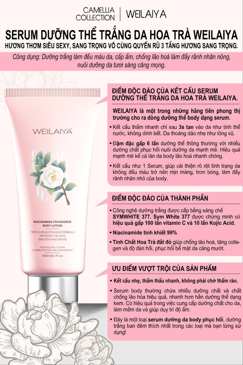 Lotion dưỡng thể trắng da body hoa trà Weilaiya giúp phục hồi, dưỡng ẩm, làm mờ vết thâm cho da tuýp 200ml