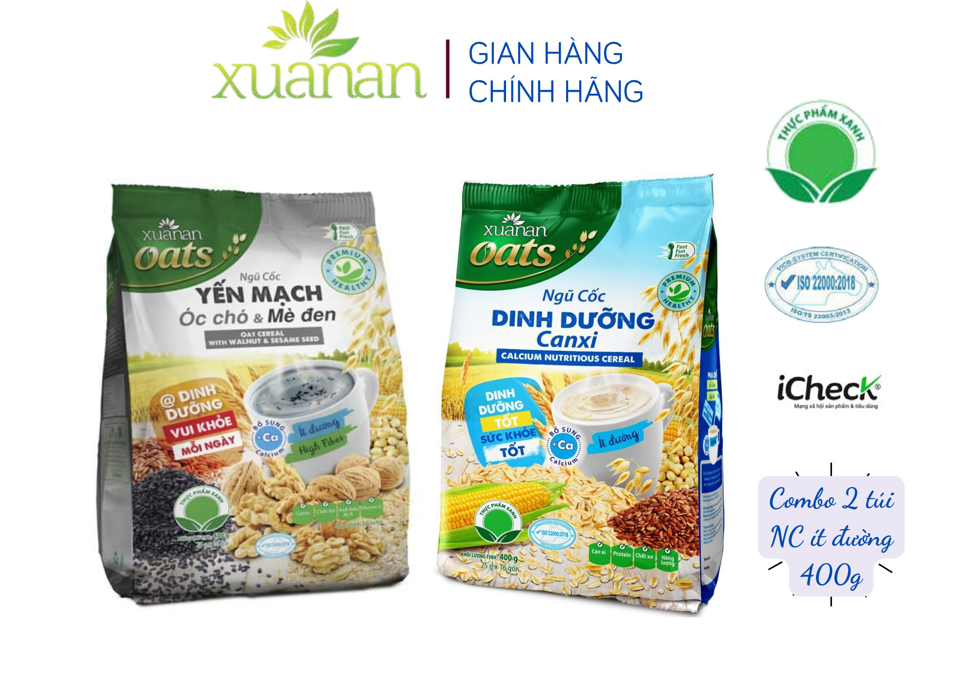 Combo Ngũ Cốc Yến Mạch Óc Chó Và Mè Đen 400G + Ngũ Cốc Dinh Dưỡng Canxi 400G [ít đường]